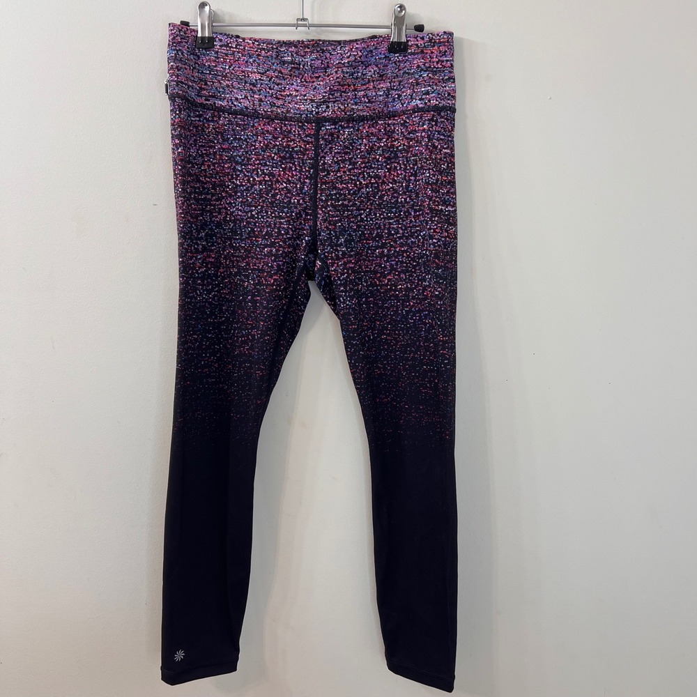 Athleta Women's High Rise Ombre Pixelated Leggings Black Pink Purple Zip Pocket